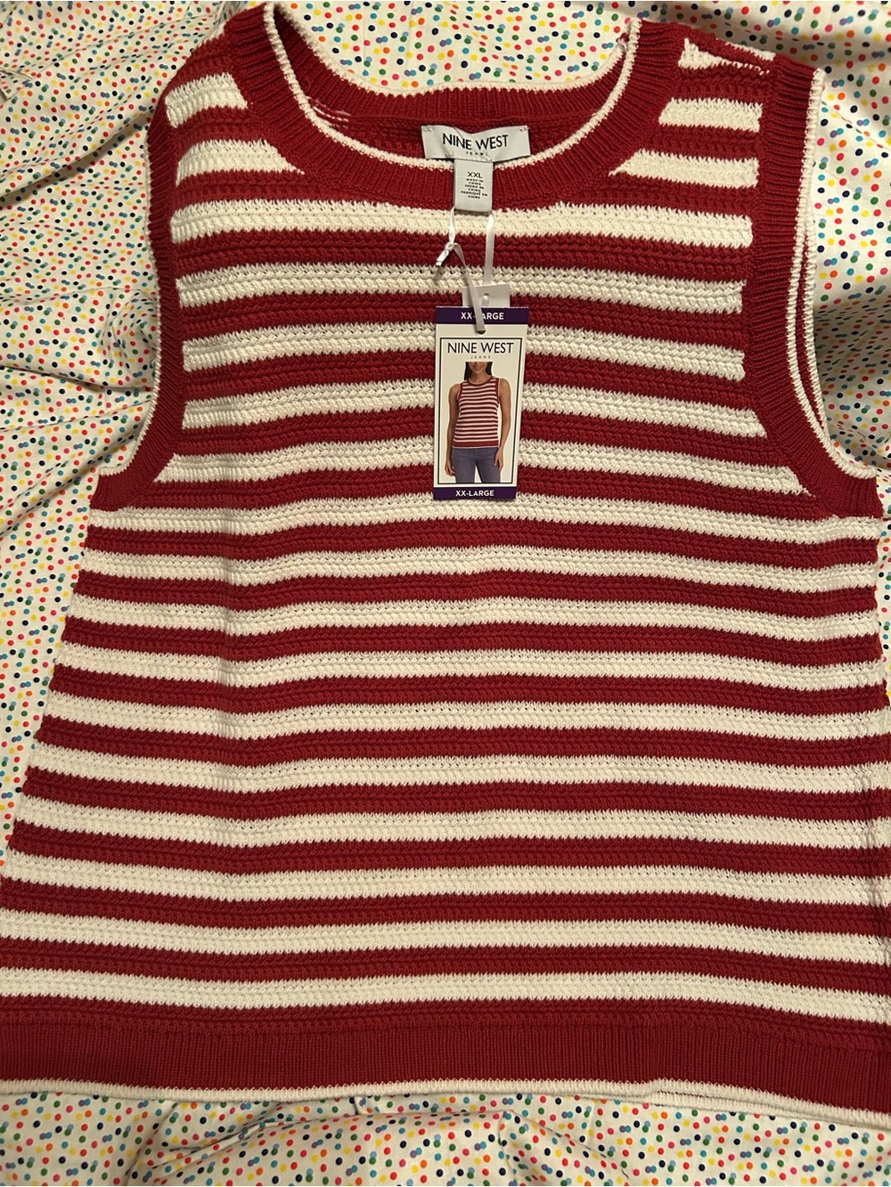 Nine West Red and Cream Striped Knit V-Neck Sleeveless Sweater